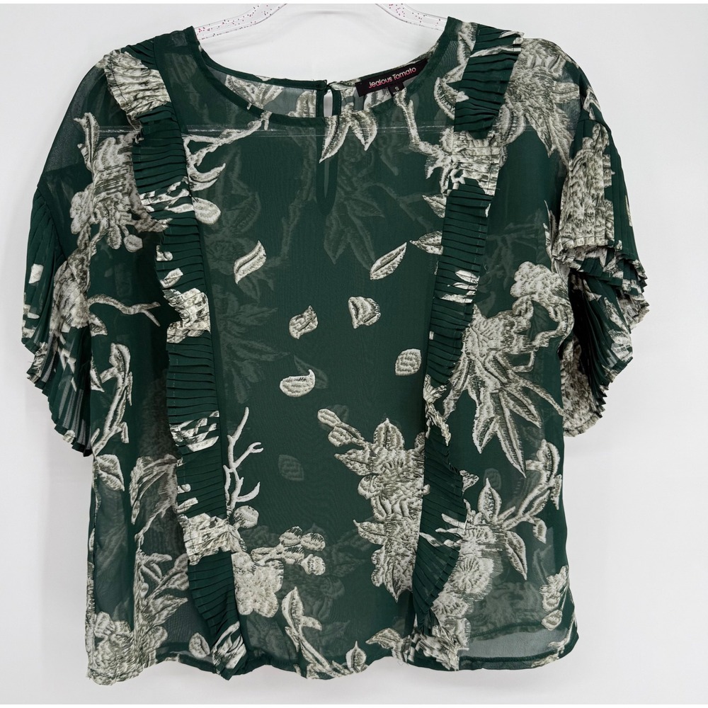 Jealous Tomato Womens Green Floral Pleated Ruffle Chiffon Blouse Sz S